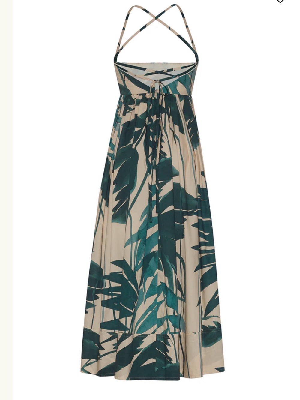 Cream Maxi Dress with Green Leaf Print and Crisscross Straps